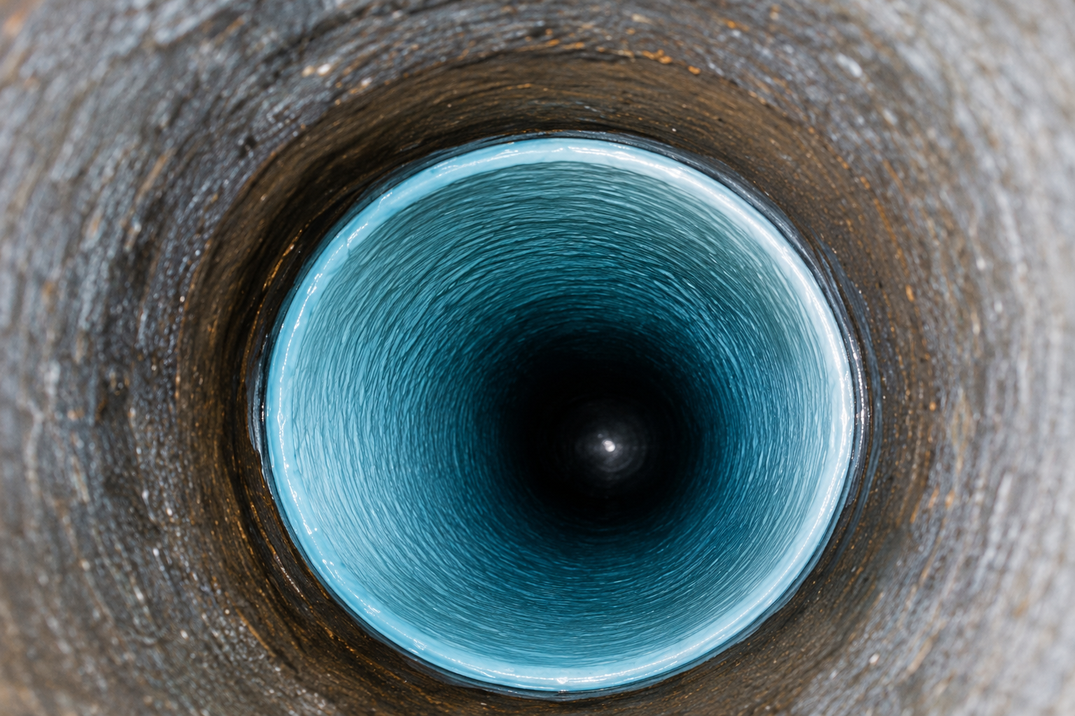 Vue rapprochée d’un tuyau circulaire, intérieur bleu turquoise, au centre un trou sombre.